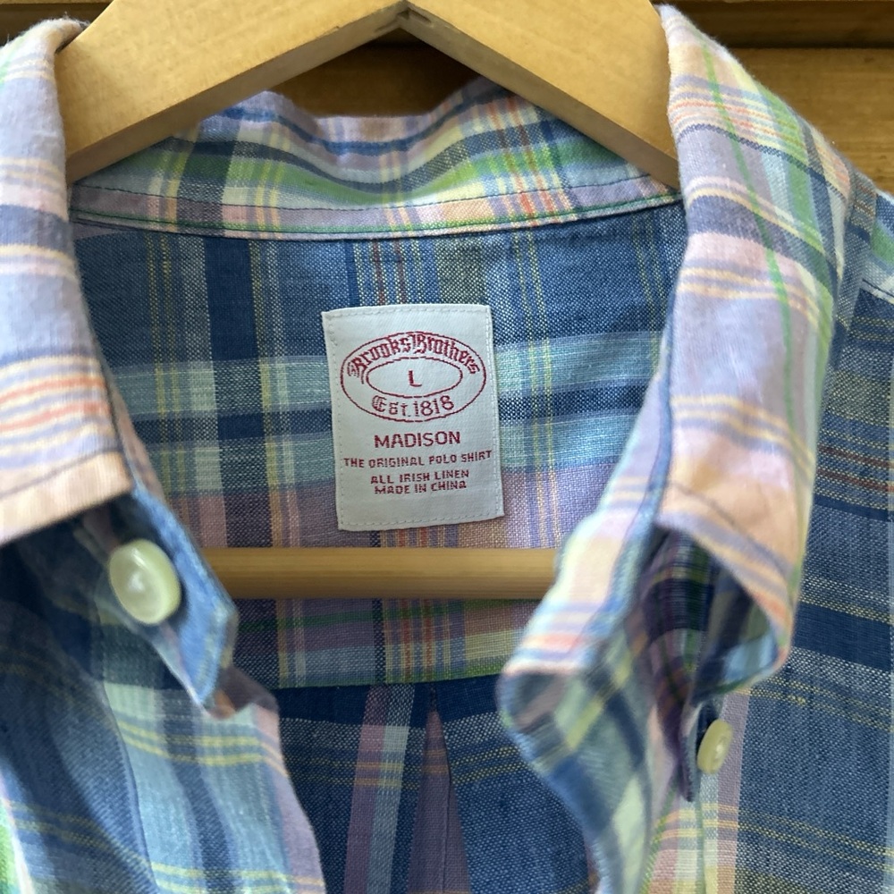 Brooks Brothers Men’s L Plaid Linen “Madison” Button-Down Shirt